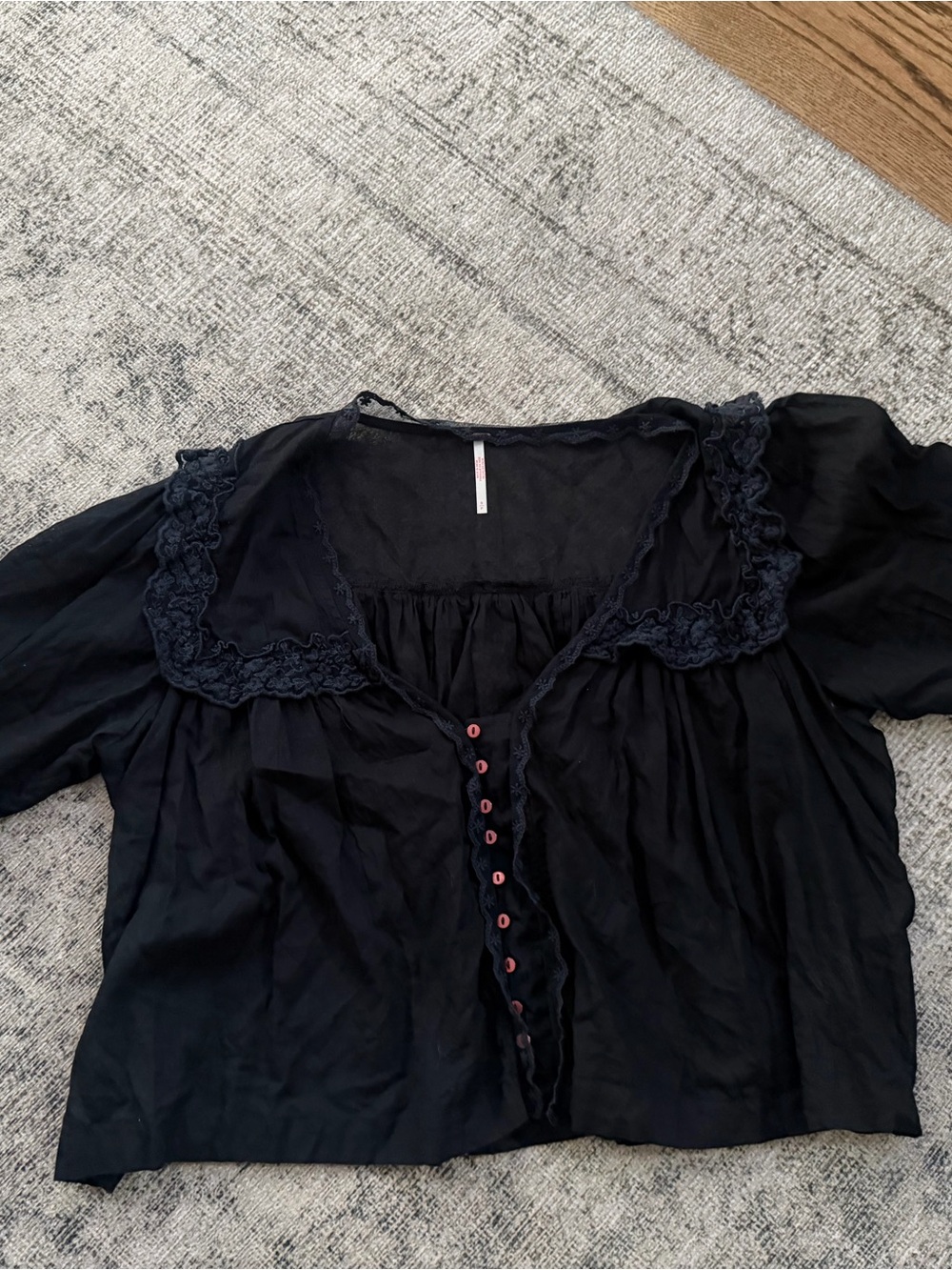 Free People Black Lace-Trim Button Front Blouse